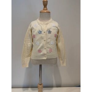 Charlie Paige Girls Cream Colored Star-embroidered Knit Cardigan Sweater Size 3T